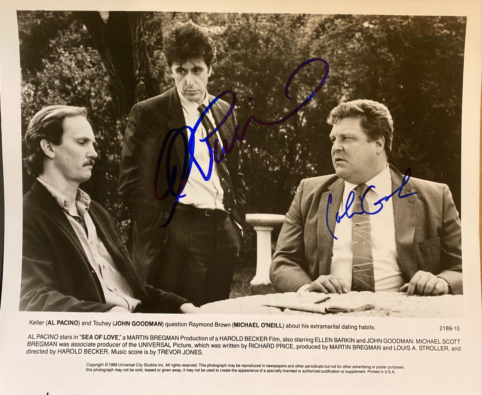 Sea of Love Al Pacino and John Goodman signed movie: Sea of Love signed black and white movie photo autographed by Al Pacino and John Goodman. 8x10 inches