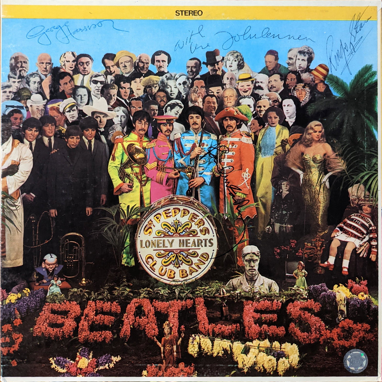 The Beatles Sgt. Peppers Lonely Hearts Club Band Signed: The Beatles Sgt. Peppers Lonely Hearts Club Band Album. Autographed by George Harrison, John Lennon, Ringo Starr and Paul McCartney. 12x12 inches Vinyl Included