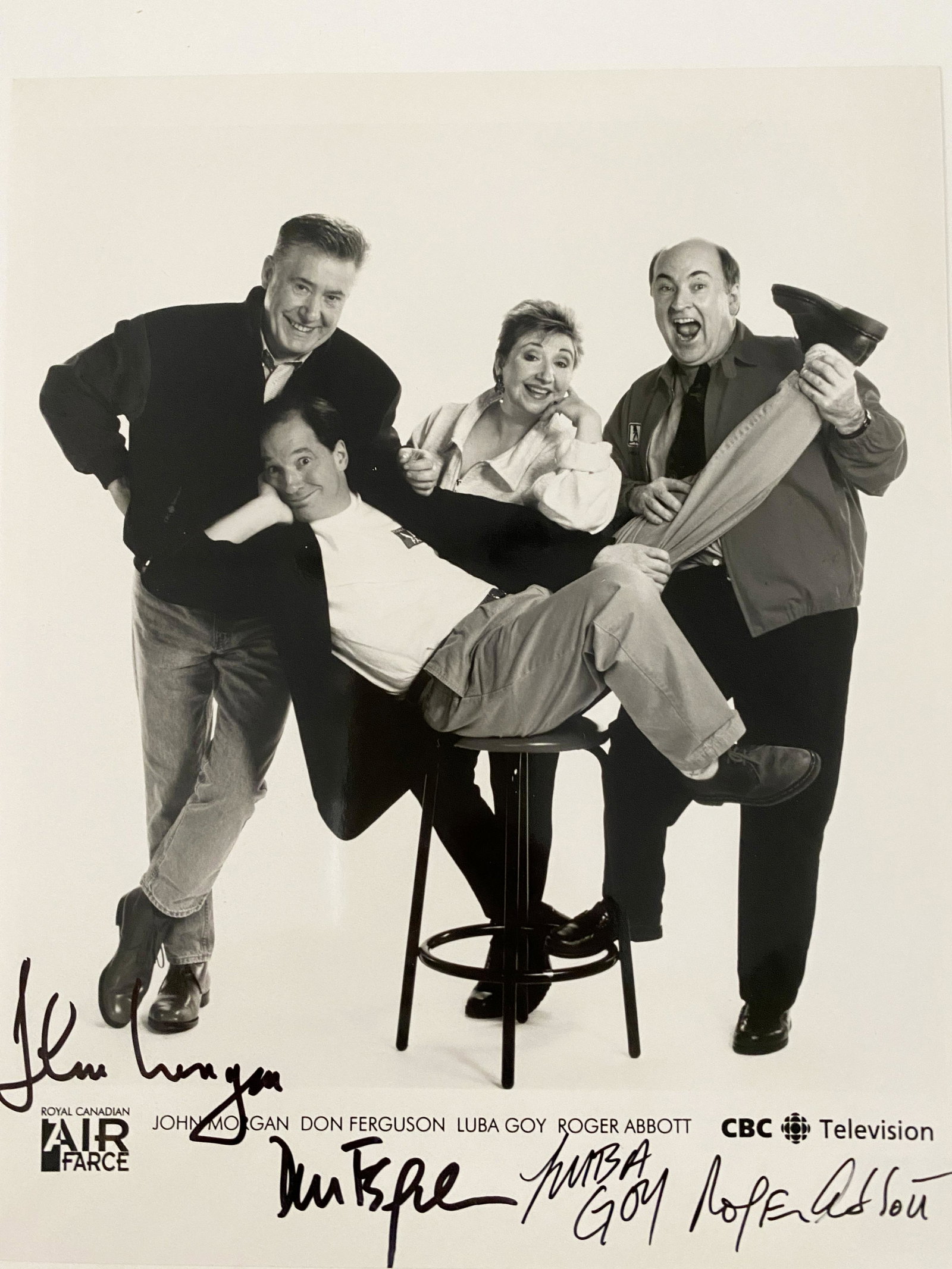 Royal Canadian Air Farce cast signed photo: Royal Canadian Air Farce cast signed photo autographed by Roger Abbott, John Morgan, Don Ferguson, Luba Goy. 8x10 inches