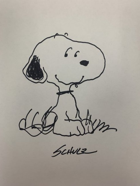 Snoopy Sketch signed by Charles Schulz: Snoopy Sketch signed by Charles Schulz. Item is 8.5 by 11 inchesSnoopy is an anthropomorphic beagle[5] in the comic strip Peanuts by Charles M. Schulz. He can also be found in all of the Peanuts films