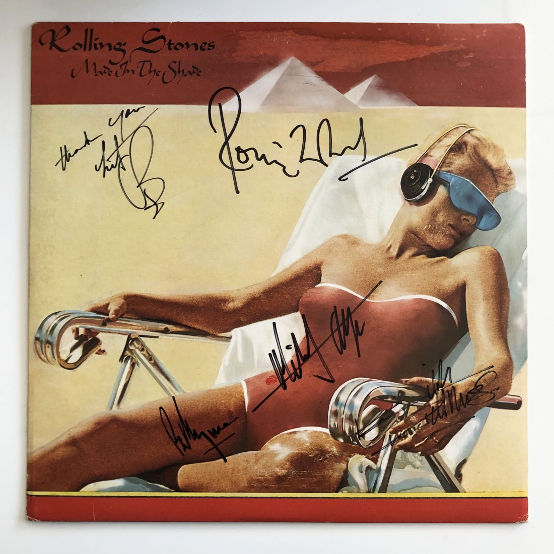 The Rolling Stone Made in the Shade signed album: The Rolling Stone Made in the Shade signed album autographed by Mick Jagger, Keith Richards, Bill Wyman, Ronnie Wood and Charlie Watts. Vinyl included. 12x12 inches"Made in the Shade, released in 1975