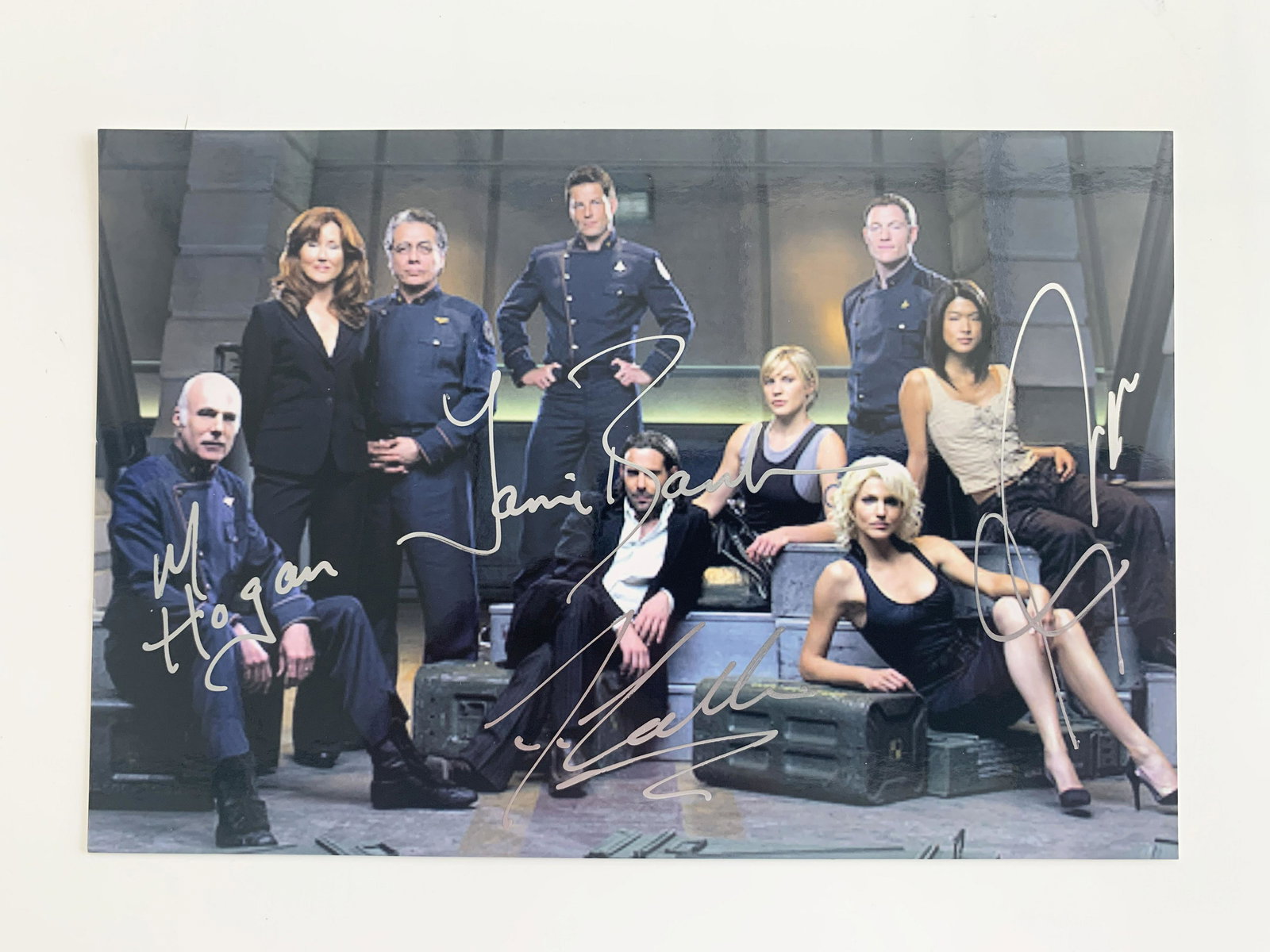 Battle Star Galactica Mike Hogan, Jamie Bamber, James: Battle Star Galactica Mike Hogan, Jamie Bamber, James Callis, and Grace Park signed photo. 6x4 inches
