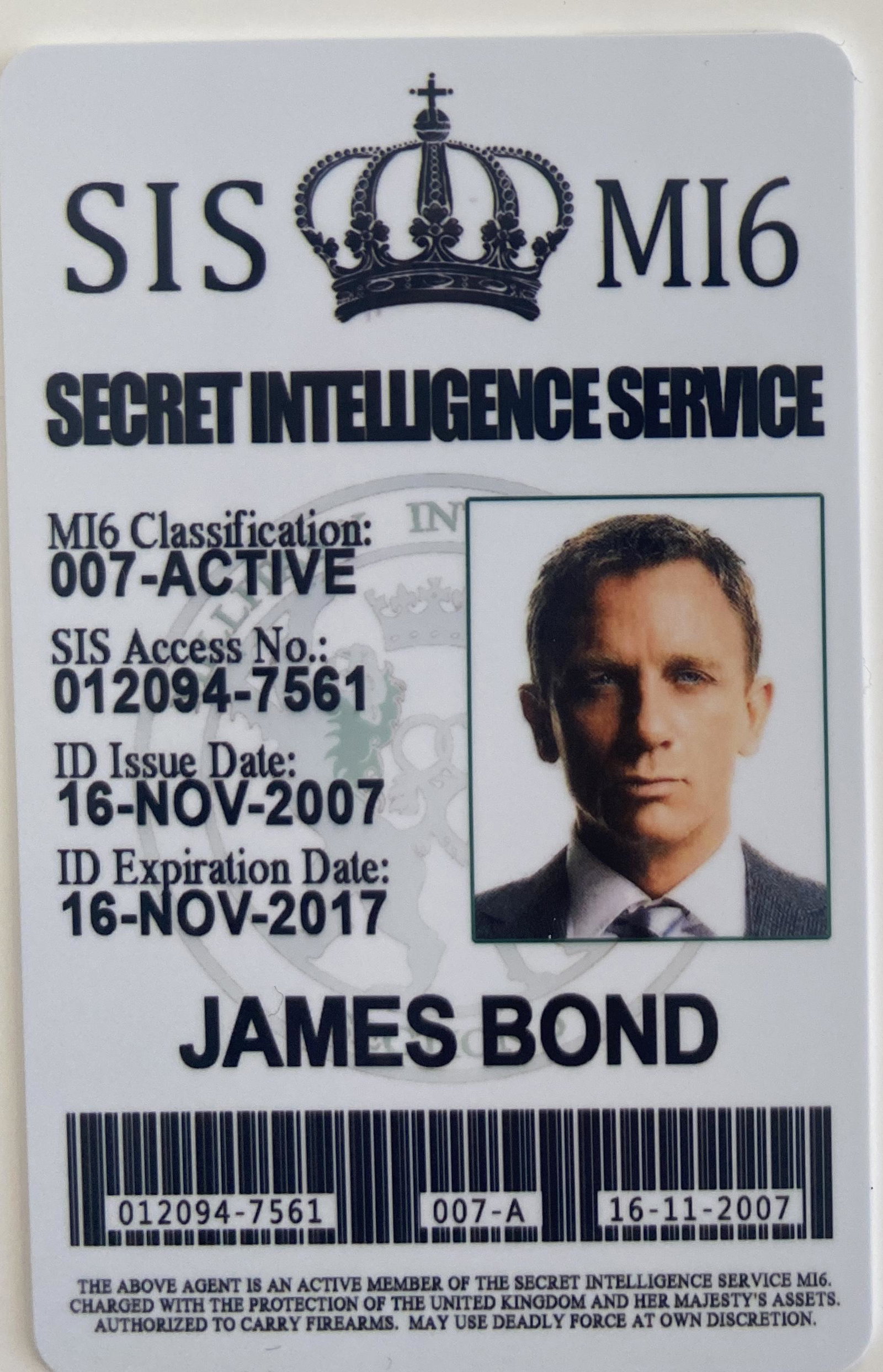 James Bond Casino Royale Secret Intelligence Service ID: James Bond Casino Royale Secret Intelligence Service ID prop.2x3 inches