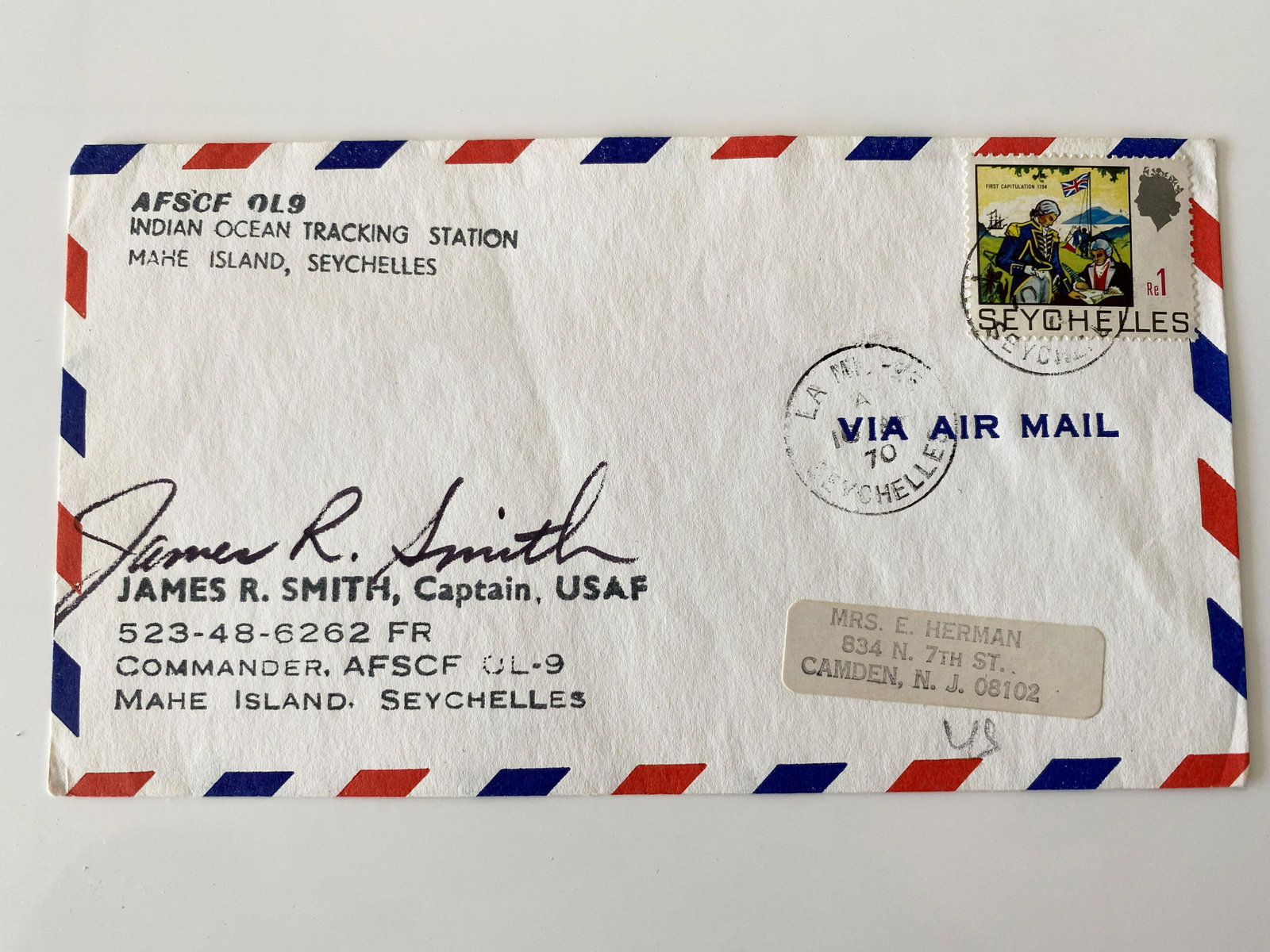 AFSCF US Air Force Seychelles Captain James R. Smith: AFSCF US Air Force Seychelles Captain James R. Smith Signed First Day Cover