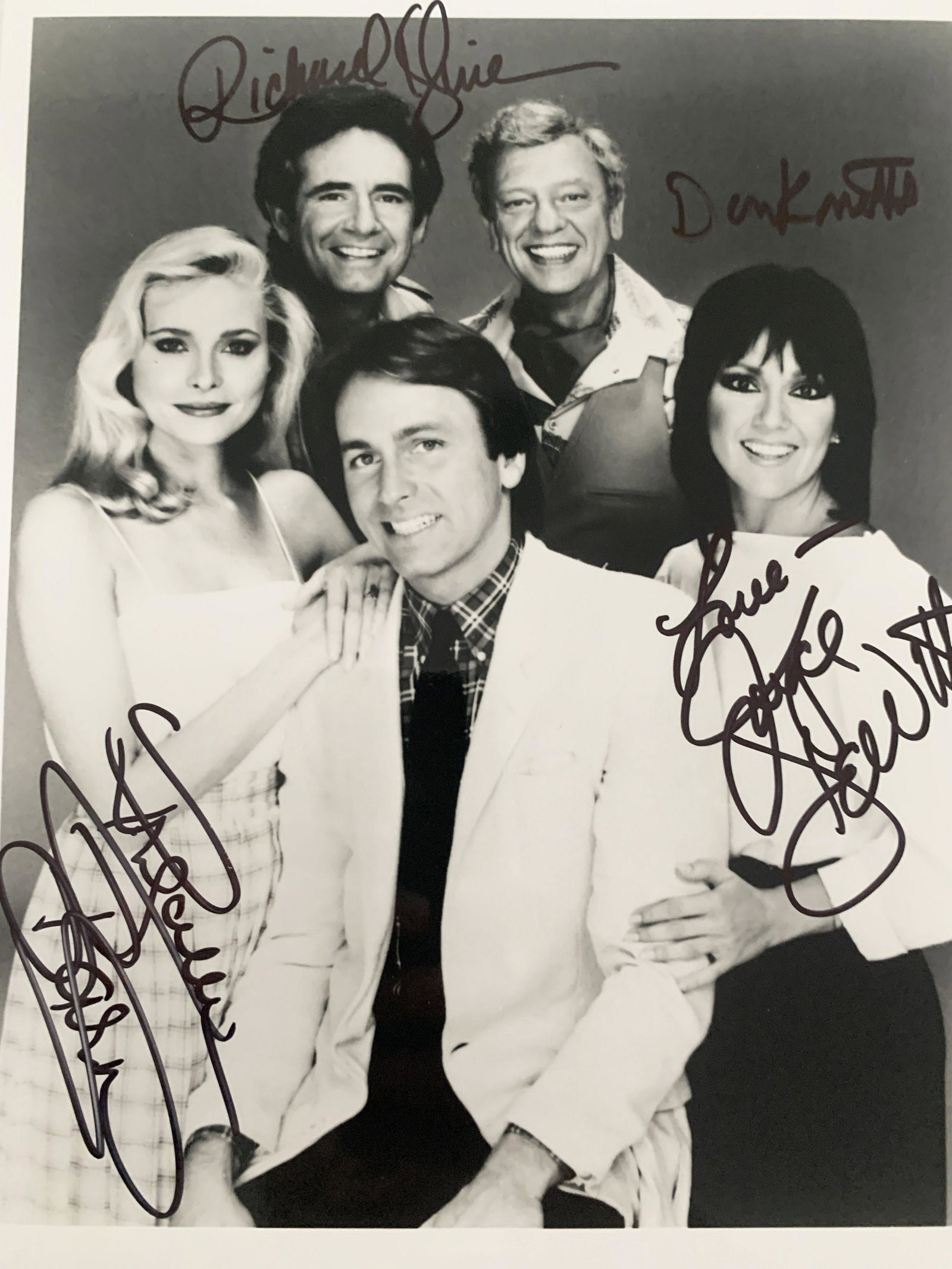 Three's Company cast signed photo: Three's Company cast signed photo autographed by Joyce DeWitt, Richard Kline, Don Knotts and Priscilla Barnes. 8x10 inches.