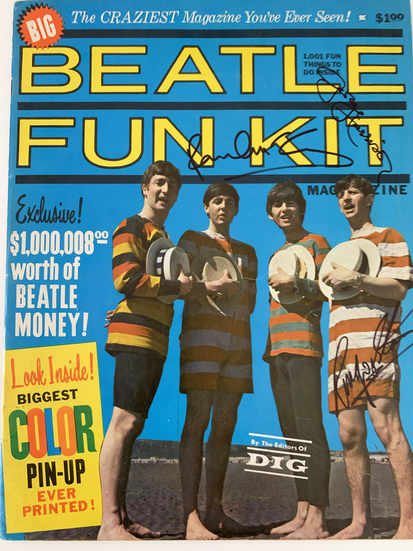 Beatle Fun Kit Signed Magazine: Beatle Fun Kit Signed Magazine Autographed by: George Harrison, Paul McCartney, Ringo Starr - 11x14 inches