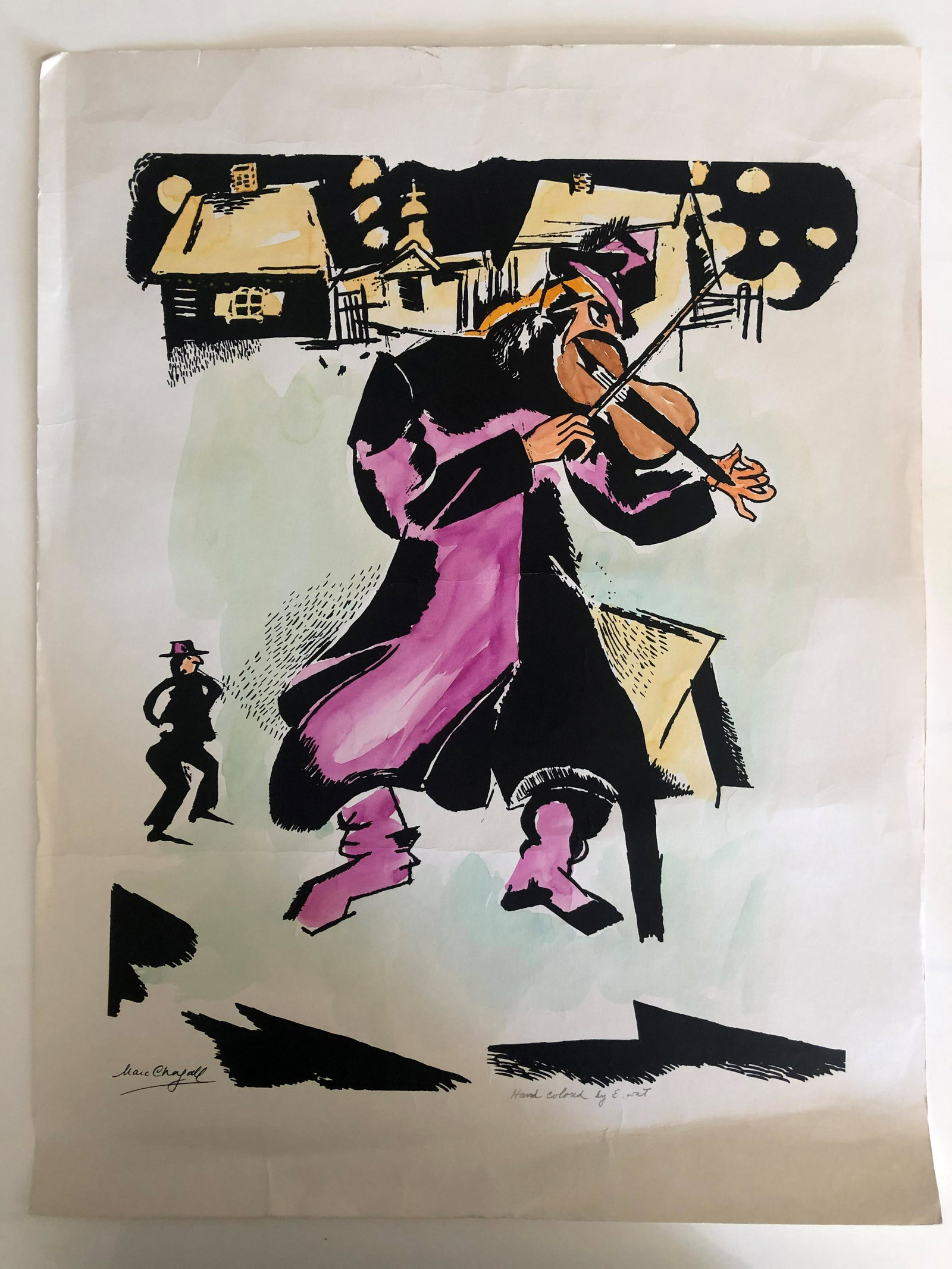 Marc Chagall - The Violinist - Hand Colored Print: Marc Chagall - The Violinist -Hand Colored Print. 18x23 inches
