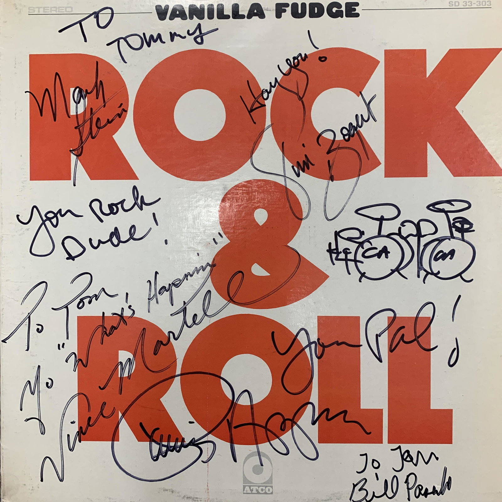 Vanilla Fudge Rock & Roll signed album: Vanilla Fudge Rock & Roll signed album autographed by Carmine Appice, Tim Bogert, Vince Martell, Mark Stein and Bill Pascali