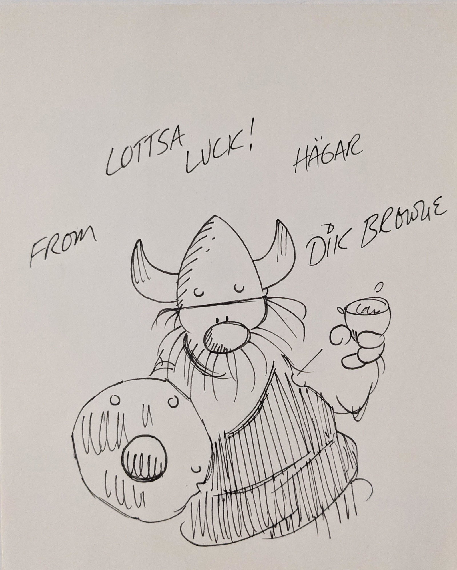 Hagar The Horrible Dik Browne signed sketch: Hagar The Horrible original sketch autographed by Dik Browne. 6x8 inches