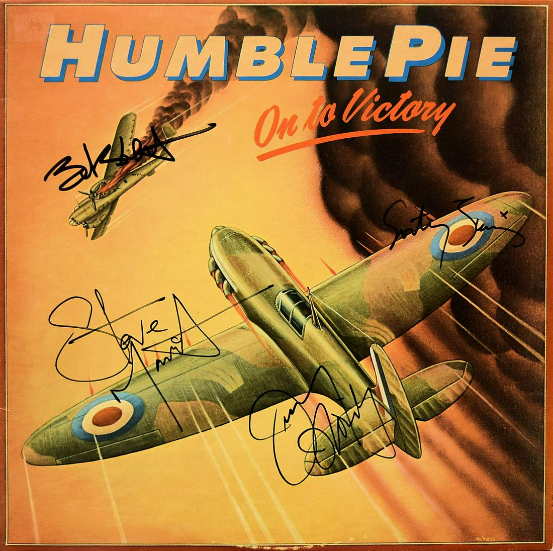 Humble Pie signed Onto Victory album: Humble Pie's 1980's hit album Onto Victory autographed by Peter Frampton, Steve Marriott, Greg Ridley, Jerry Shirley, and Dave Clempson.