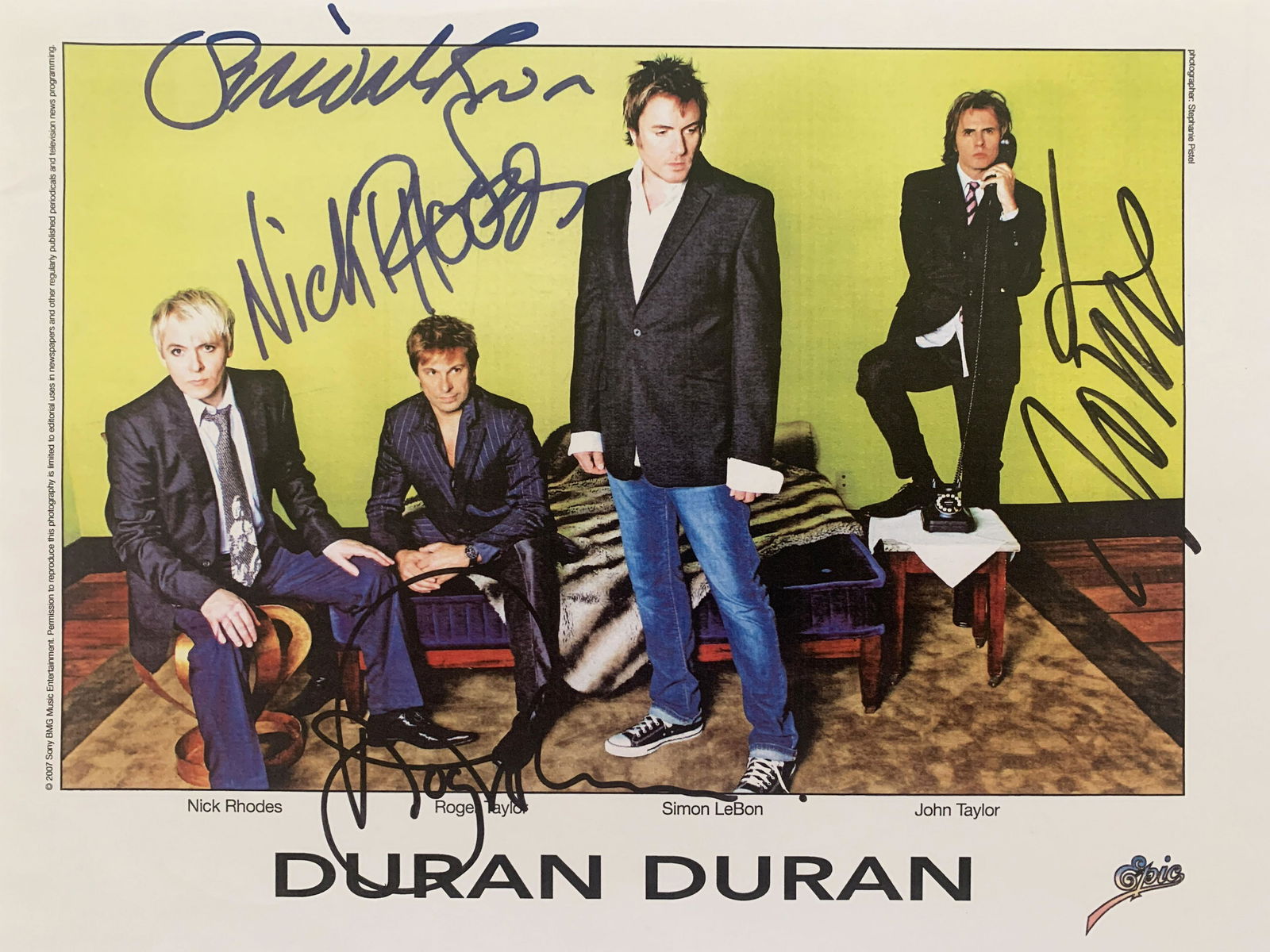 Duran Duran signed photo autographed by Nick Rhodes,: Duran Duran signed photo autographed by Nick Rhodes, Roger Taylor, Simon LeBon, and John Taylor . 11x9 inches