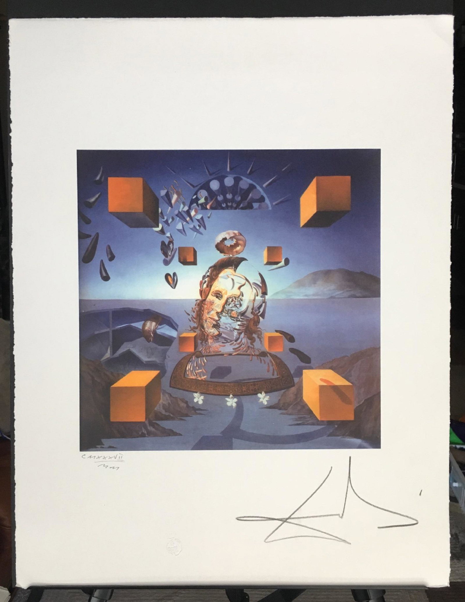 Salvador Dali Signed LE Lithograph: Salvador Dali Lithograph on hand-crafted BFK Rives Infinity paper with fringed edges. Signed in the plate, hand-numbered CMXXXVII/ MM. in pencil. This piece also features a G Dali France dry stamp (em