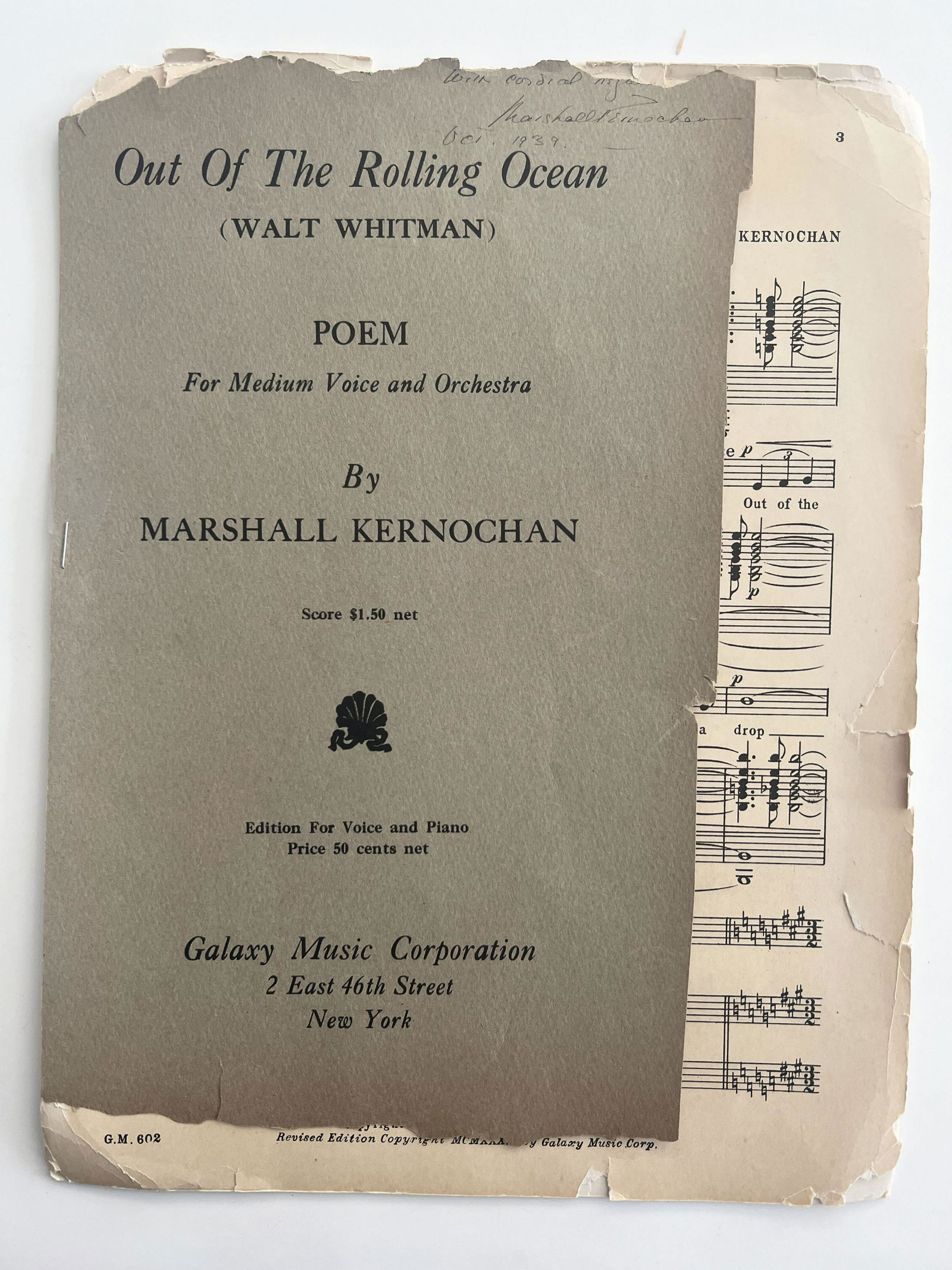 Composer John Marshall Kernochan signed Out Of The: 1939 Out Of The Rolling Ocean sheet music - Poem by Walt Whitman Music by Marshall Kernochan autographed by John Marshall Kernochan. 9x12 inches