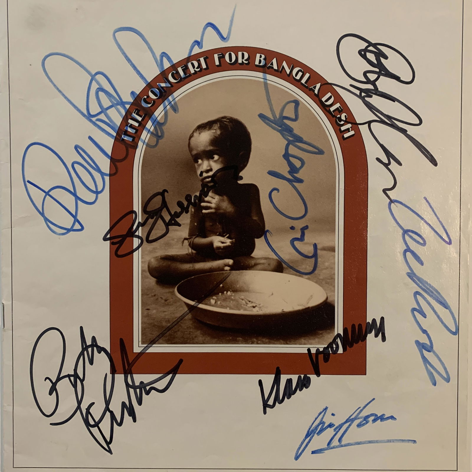 The Concert for Bangladesh signed 1971 concert book: The Concert for Bangladesh signed 1971 concert book autographed by George Harrison, Ravi Shankar, Bob Dylan, Eric Clapton, Klaus Voormann, Jim Horn, Billy Preston and Leon Russell. 11x11 inches