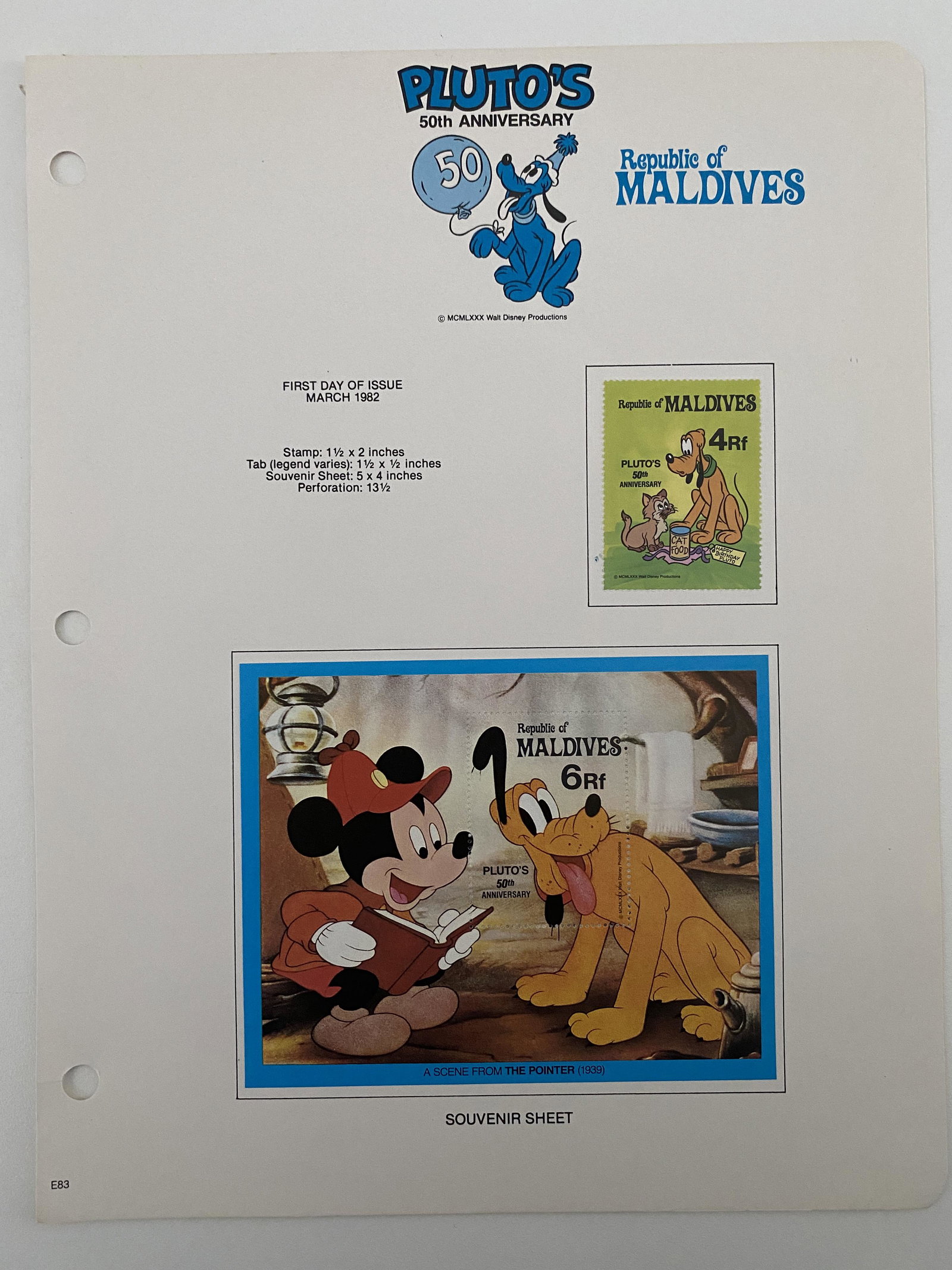 Walt Disney Mickey Mouse & Friends, Plutos 50th: Walt Disney Mickey Mouse & Friends, Plutos 50th Anniversary Stamp Sheet. Republic of Maldives. Set of 2. 9x11 inches.