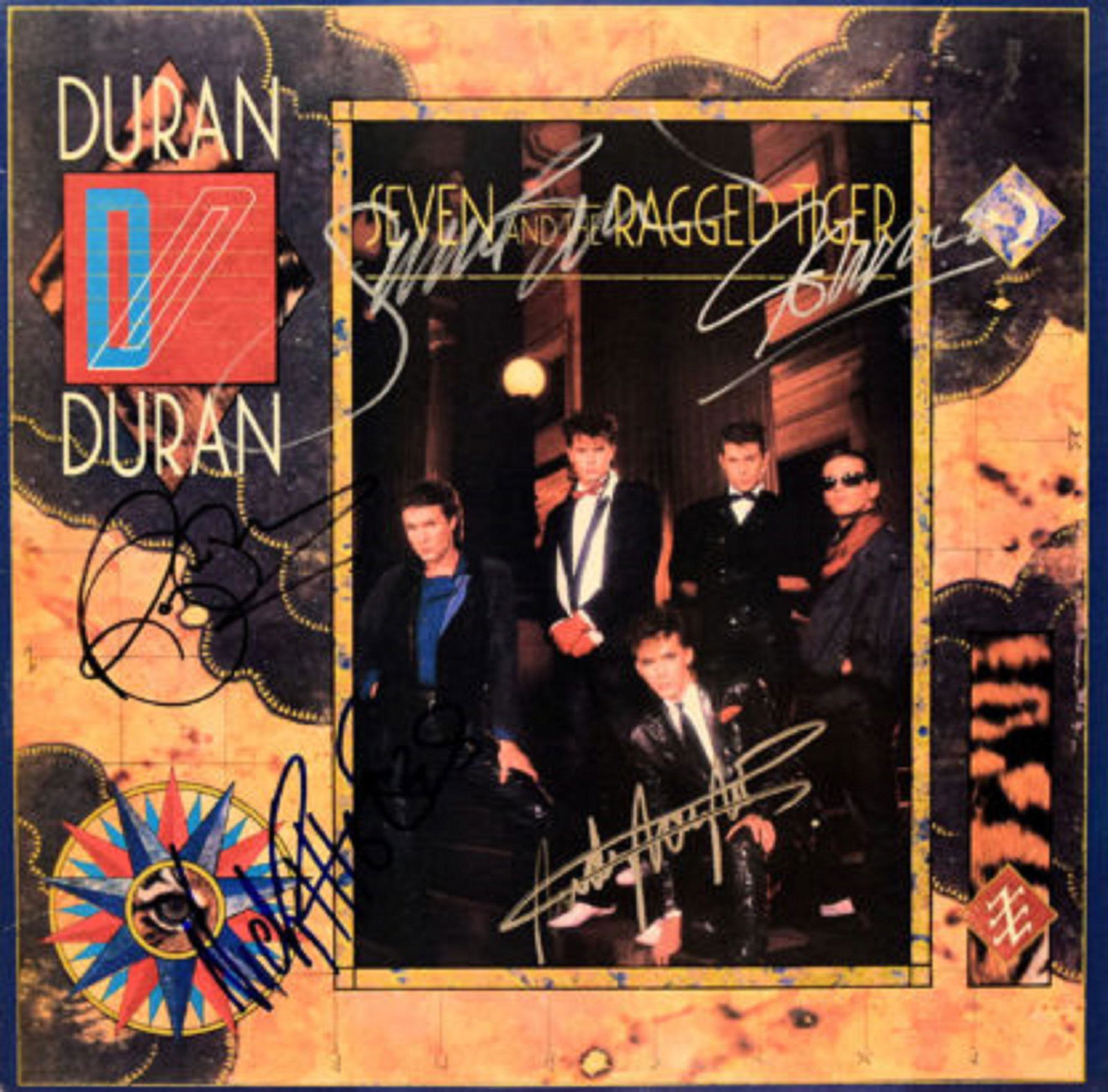 Duran Duran Seven And The Ragged Tiger signed album: Duran Duran Seven And The Ragged Tiger 1983 album autographed by Simon Le Bon, Nick Rhodes, Andy Taylor, John Taylor, and Roger Taylor.