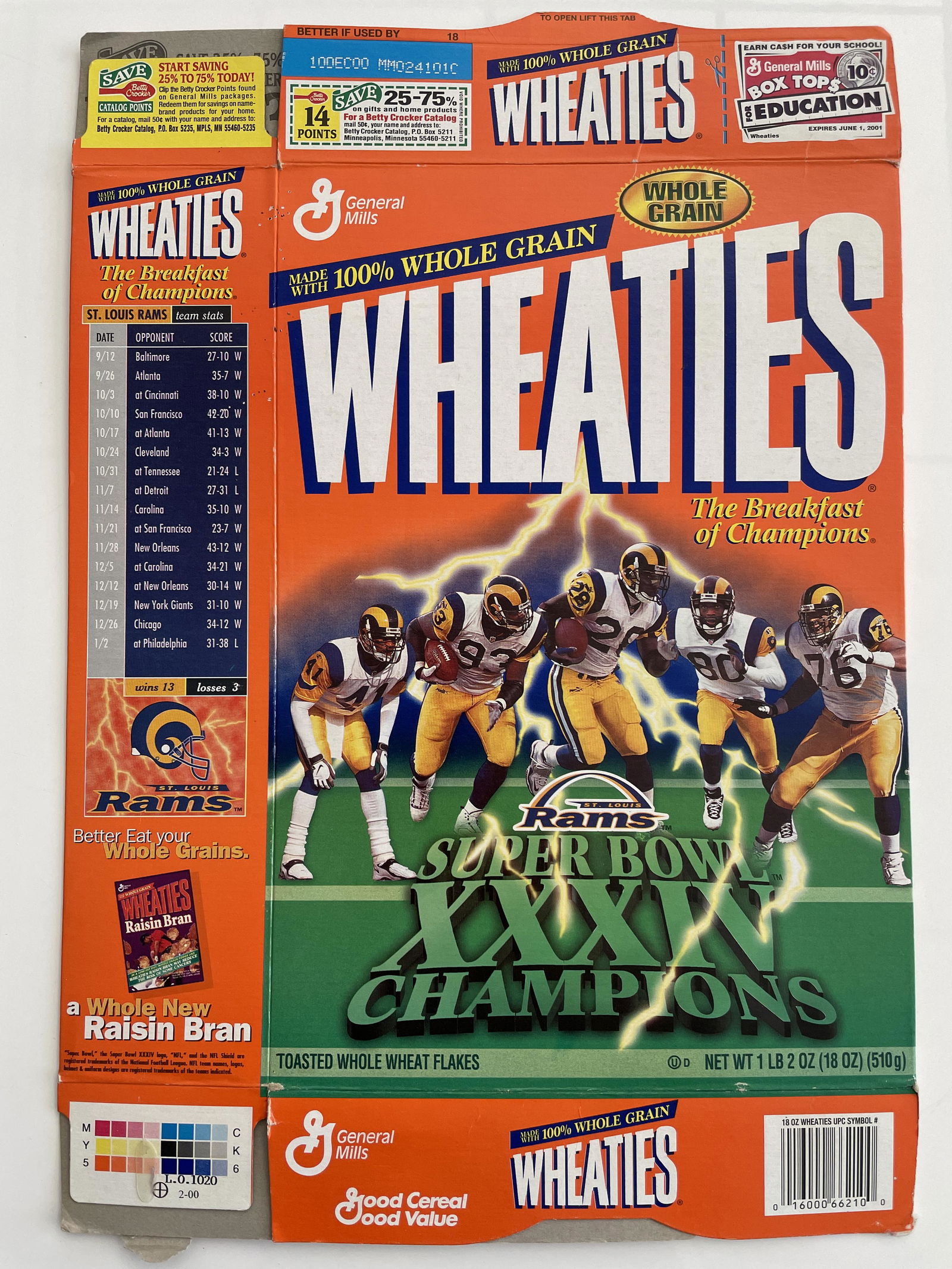 Rams Super Bowl XXXIV Champions Wheaties Cereal Box (0352) on Feb 09, 2022 Heroes & Legends in CA