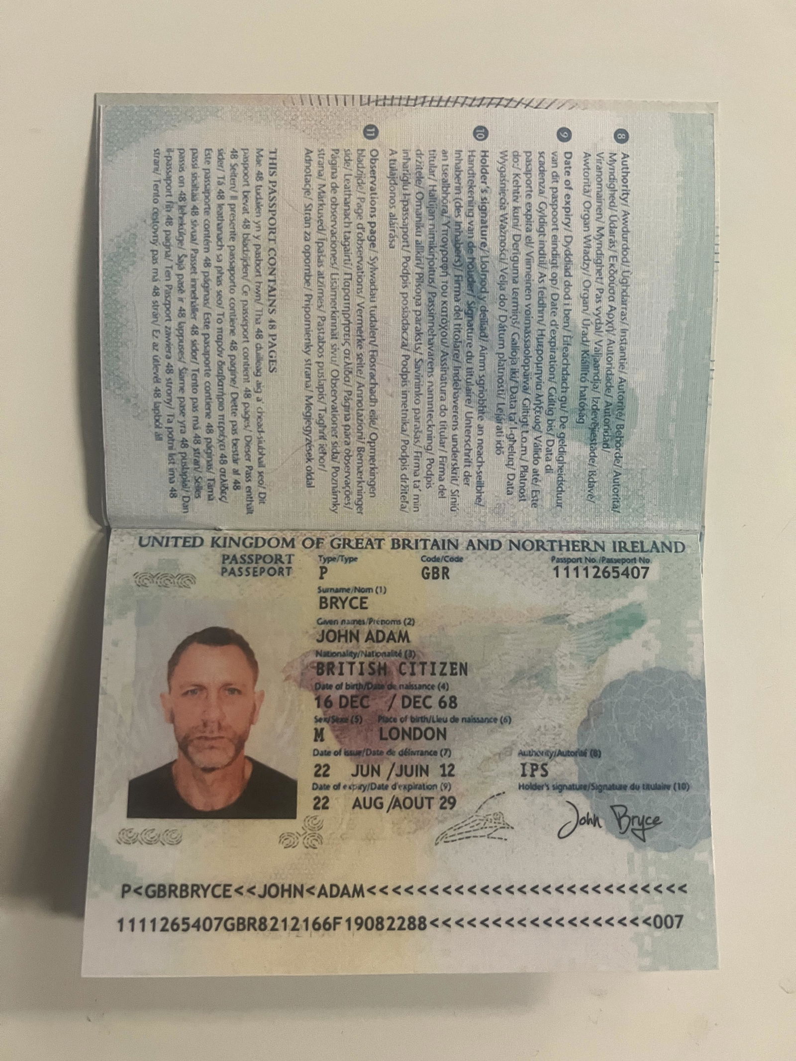 Skyfall James Bond passport prop: Skyfall James Bond passport prop. Bond's alias is John Adam Bryce. 4x5 inches