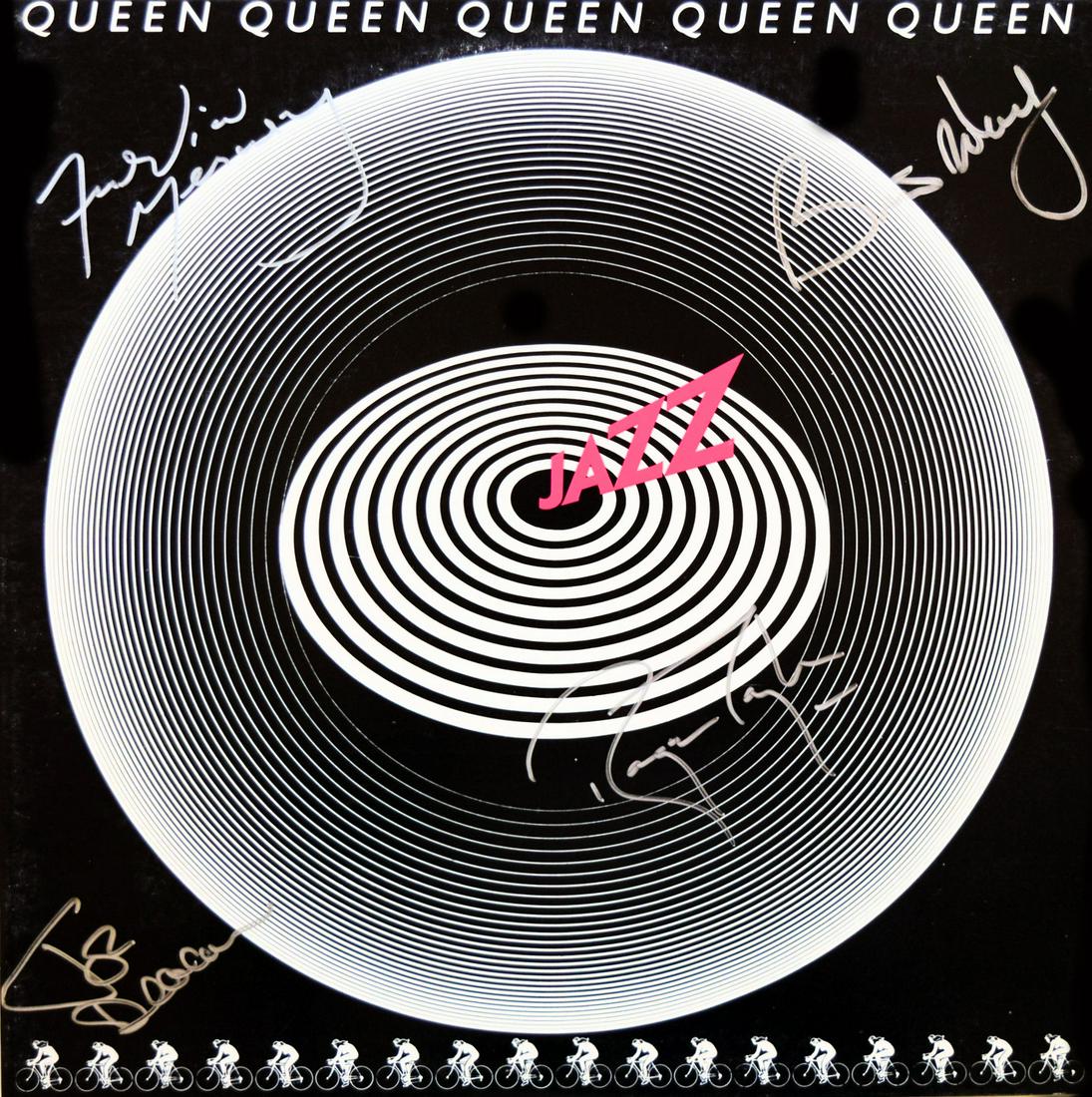 Queen signed Jazz album: Queen 1978 Jazz album. Signed: Freddie Mercury, Brian May, John Deacon, and Roger Taylor.