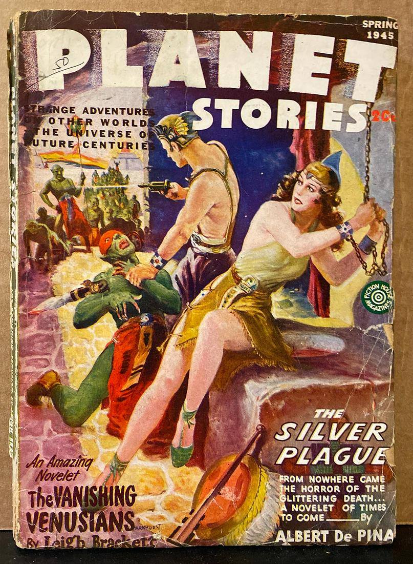 Planet Stories original 1945/SPR vintage pulp magazine: Planet Stories original vintage pulp magazine, V.02 #10. Spring 1945. Bondage cover by H. L. Parkhurst. Stories by Leigh Brackett, Ross Rocklynne, Albert DePina, Robert Wilson, Emmett McDowell, Carl J