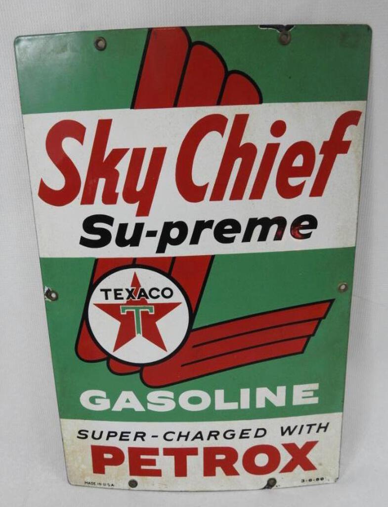 Sky Chief Petrox Pump Plate: SSP sign, rated 8 with stainking on lower white, dated 3-6-59, size 18"x12"