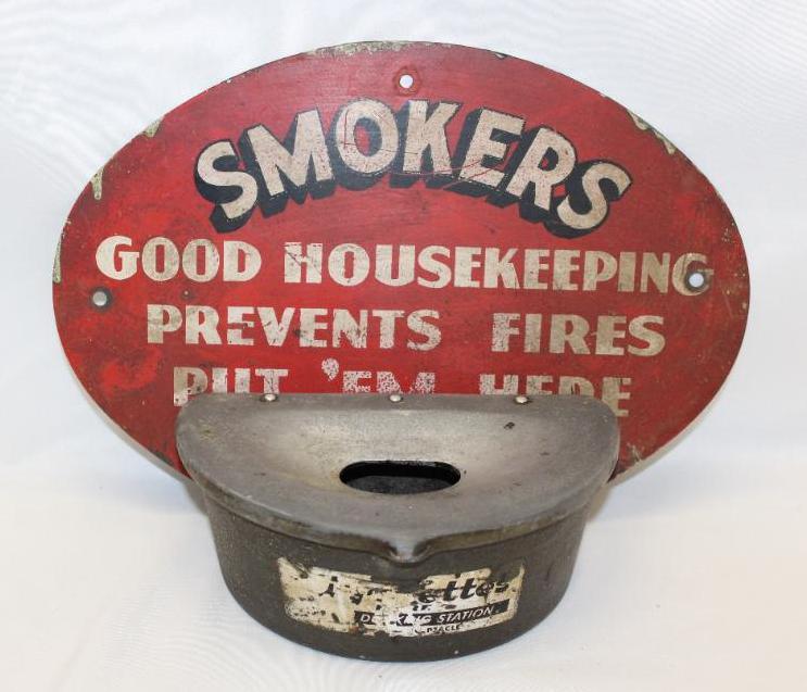 Smokers Housekeeping Sign and Ashtray: 13.5" x 12" x 5", this is a advertising sign for a smoking area that has some light staining and fading throughout