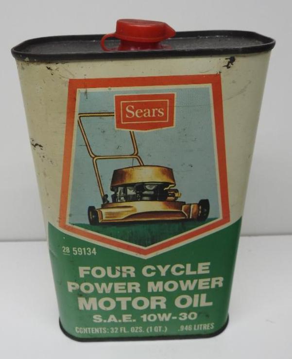 Sears Four Cycle Power Mower Oil Flat Quart Can: Empty metal flat quart can in good condition with minor wear
