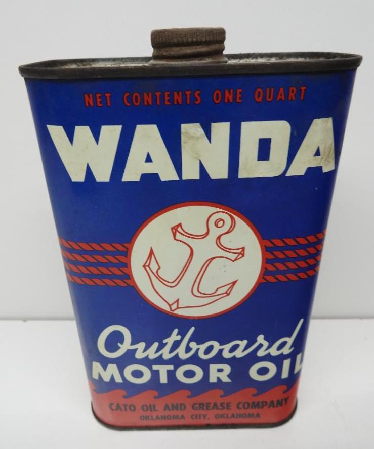 Wanda Outboard Motor Oil Flat Quart Can (White): Empty metal flat quart can in good condition with minor wear