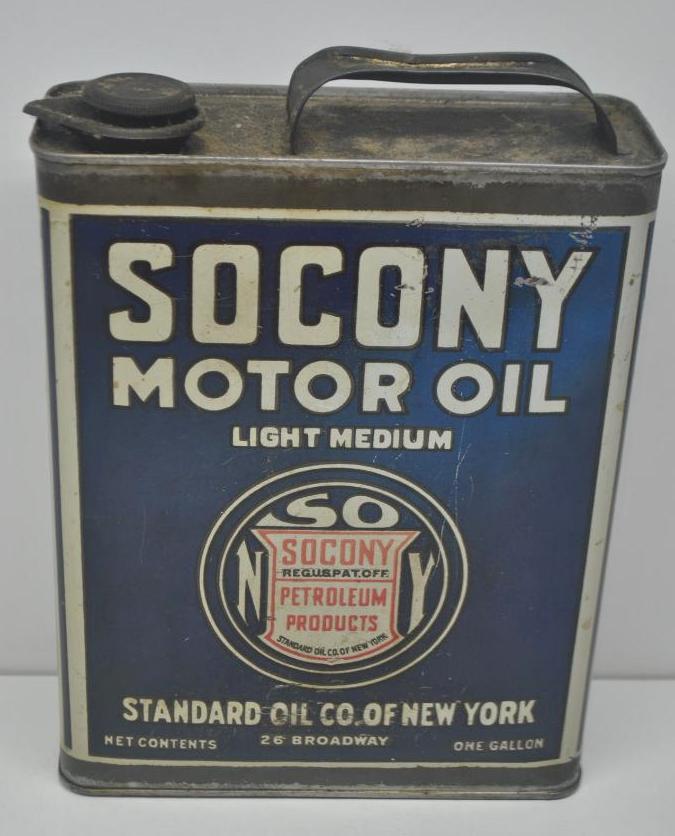 Socony Light Medium Motor Oil Gallon Can: Slim one gallon can in good condition with minor light wear and scratches