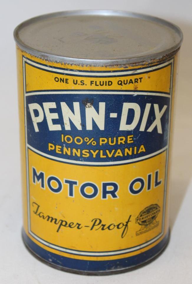 Dixie Penn-Dix Metal 1 Quart Motor Oil Can: 5.5" x 4", the top lid has been replaced, some light wear and fading to the front, heavier fading on the reverse