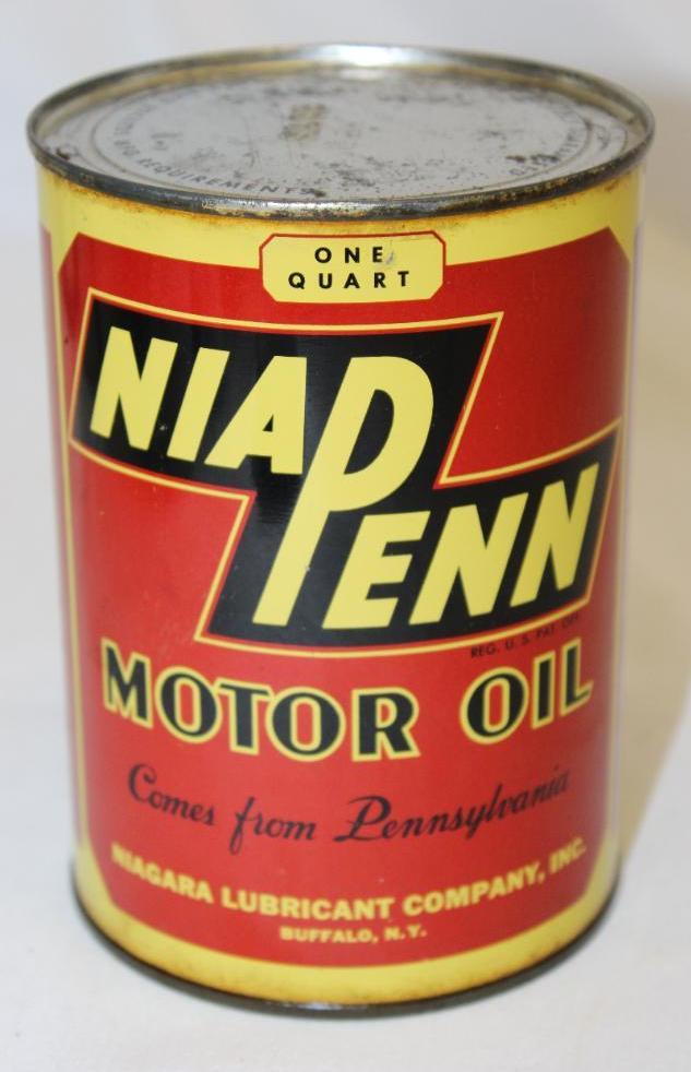 Nia Penn Metal 1 Quart Motor Oil Can: 5.5" x 4", it is full, some light staining and wear around the edges