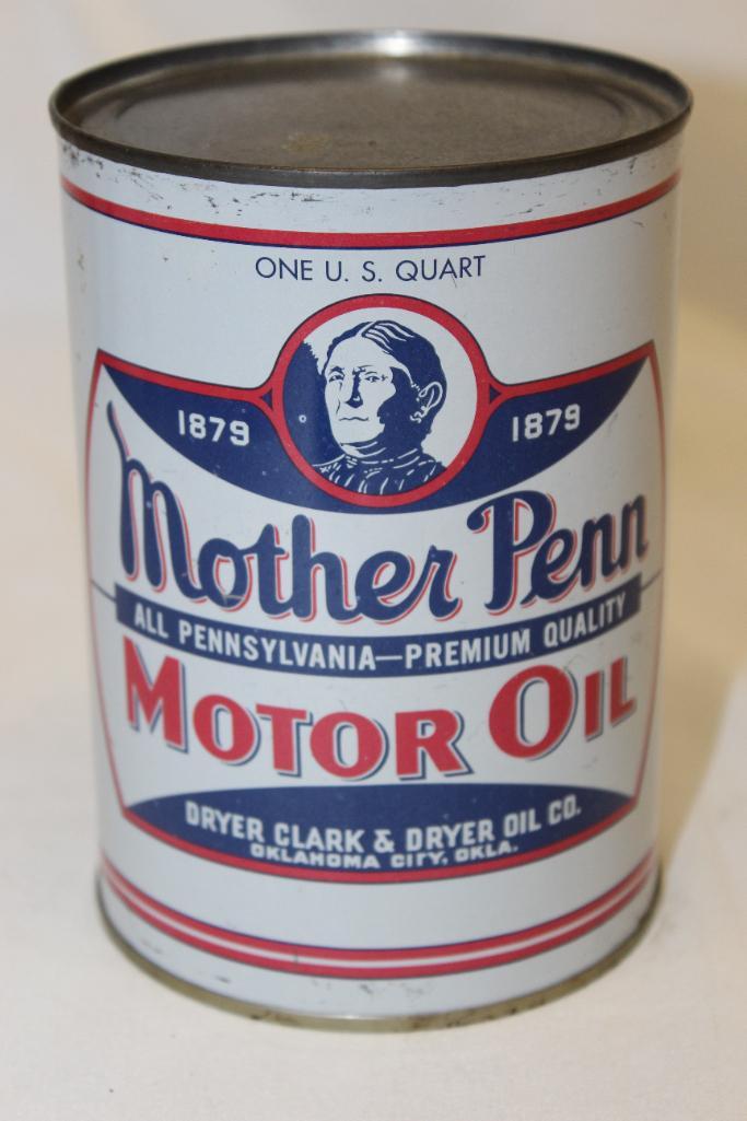 Mother Penn Metal 1 Quart Motor Oil Can: 5.5" x 4", it is empty without any holes in either lid, in good condition with only light wear and scratches