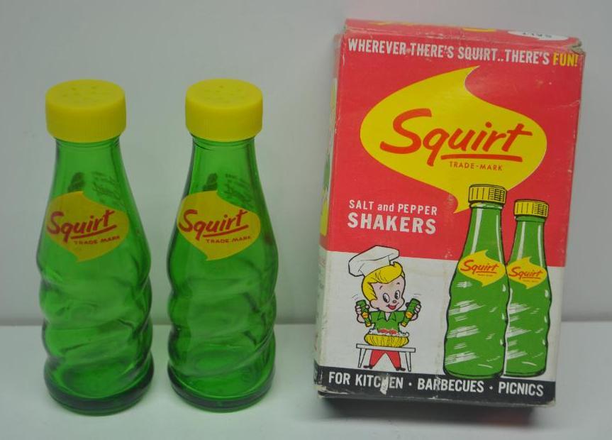 Squirt Salt and Pepper Shakers: In original box, all in good condition, each stands approximately 3.5" tall