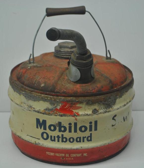 Mobiloil Outboard Oil Can: 2.5 gallon size with wear throughout