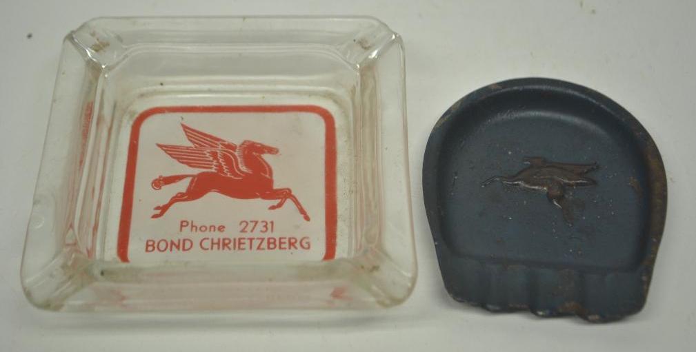Pair of Mobil Ashtrays: One is metal and one is glass, each in fair to good condition, size of largest 4"x4"