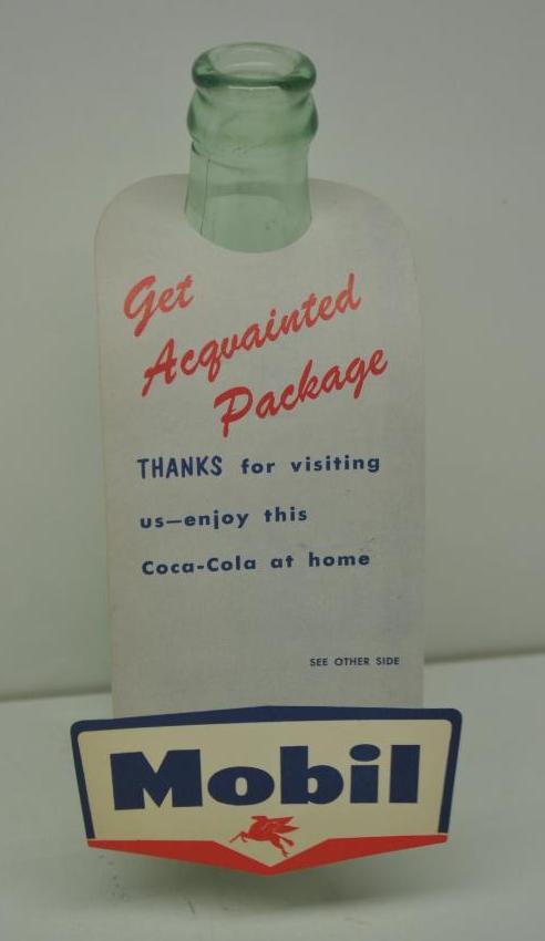 Mobil and Coca-Cola Bottle: Unique hanging tag on glass Coca-Cola bottle