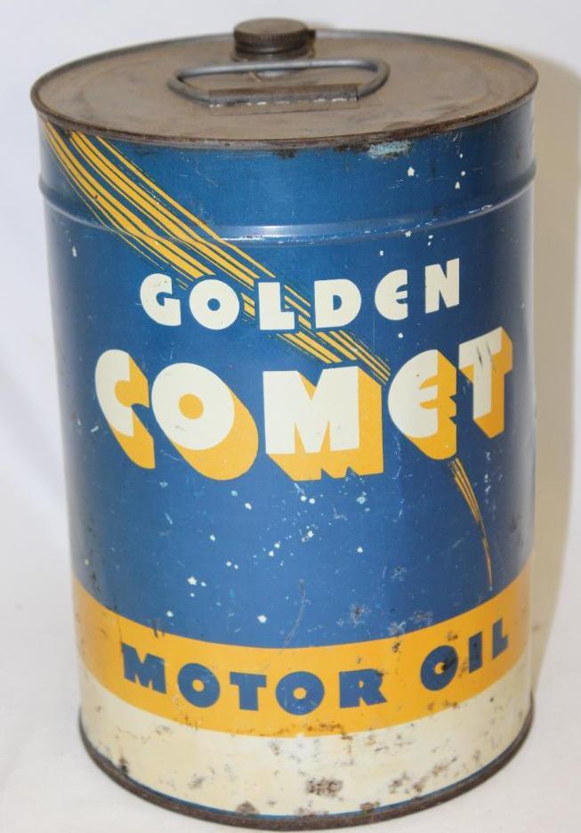 Golden Comet 5 Quart Imperial Gallon Metal Motor Oil Can: 9.5" x 6.5", this version has a handle and a screw on cap, some rust staining and wear throughout