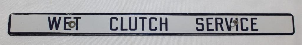 Gulf Wet Clutch Service Porcelain Advertising Sign: 16" x 1.25", in very good condition with only a few small edge chips and slight chipping around the mounting holes