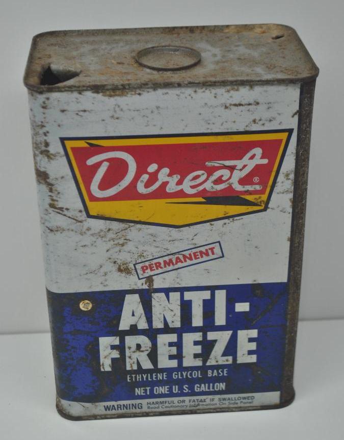 Direct Anti-Freeze Gallon Can: Empty metal gallon can with some wear throughout