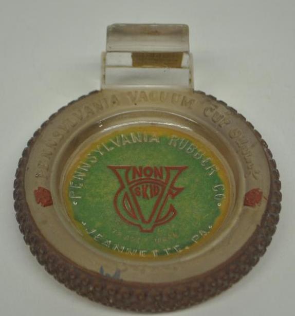 Pennsylvania Vacuum Cup Tire Ashtray: Ornate glass ashtray, shows minor wear from age but appears to be unusued, size 4"x4.5"x1.5"