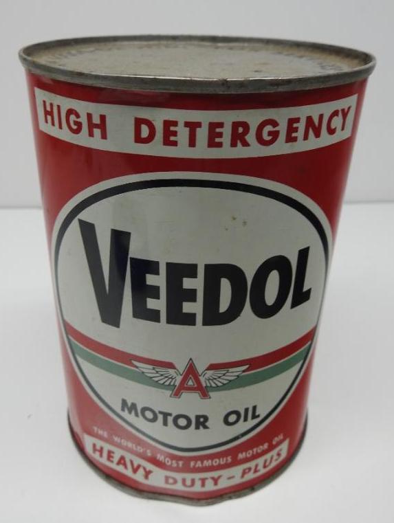 Veedol Motor Oil Quart Can: Full metal quart can, good condition with a few small dents