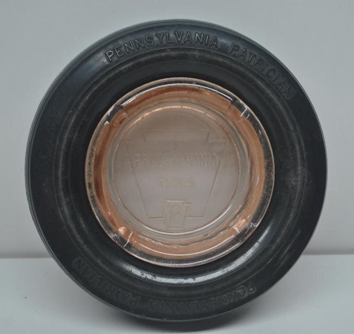 Pennsylvania Tires Tire Ashtray: Pink glass center with embossed logo, size 5.5" diameter