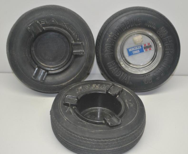 Hercules, Saxon, and Sonic Tire Ashtrays: Each in good condition, size of each 6" diameter
