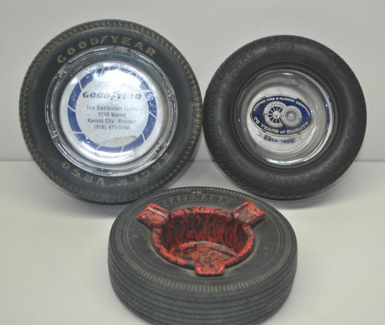 Good Year, Safemark, Coop Tire Ashtrays: Each in good condition, size of each 6" diameter