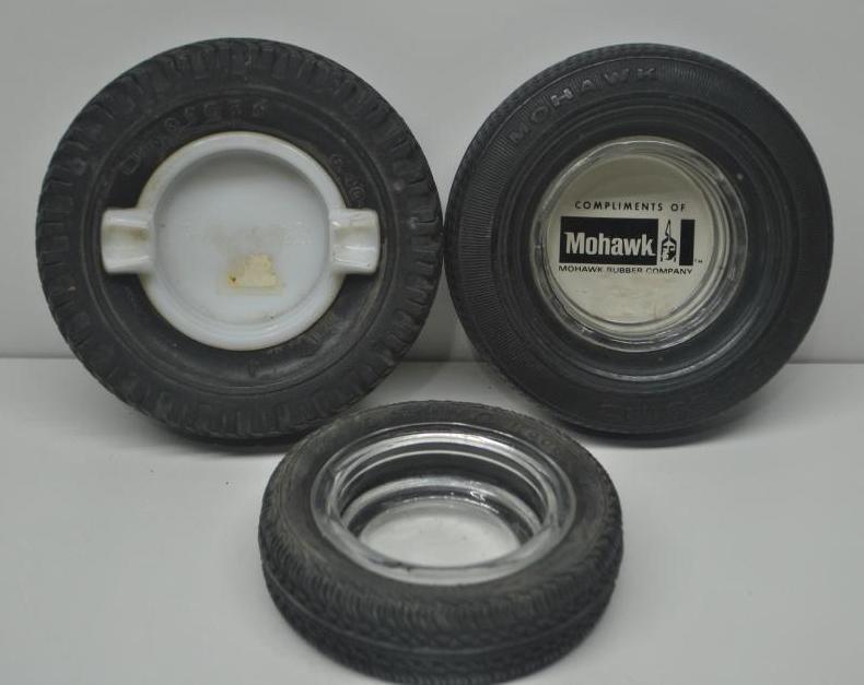 Firestone, Mohawk, Hankook Tire Ashtrays: Each in good condition, size of largest 6" diameter