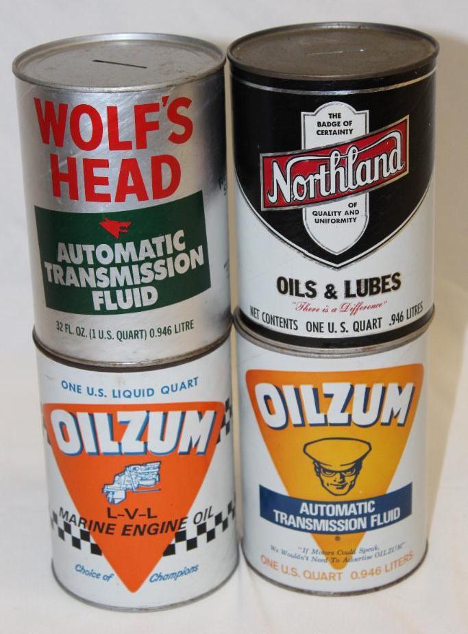 Group of 4 1 Quart Motor Oil Can Banks Oilzum, Northland, Wolfs Head (1 of 2)