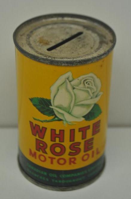 White Rose Motor Oil Can Bank: In good condition with minor wear, stands 3.5" tall