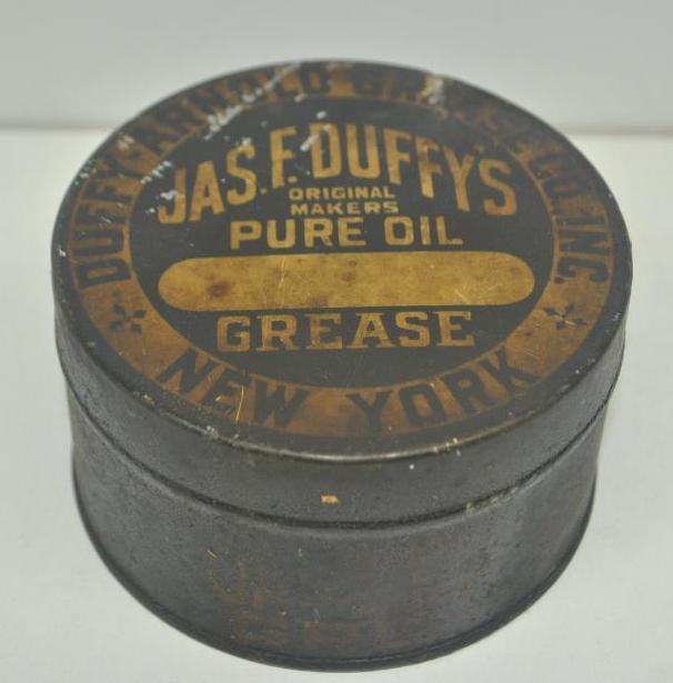 Jas. F. Duffy's Pure Oil Grease Can: 1# squatty grease can with stains and wear