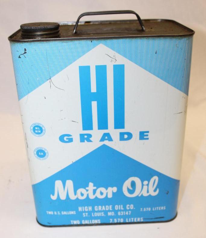 Hi Grade 2 Gallon Motor Oil Can: 11" x 5.5" x 8.5", has light wear and scratches throughout
