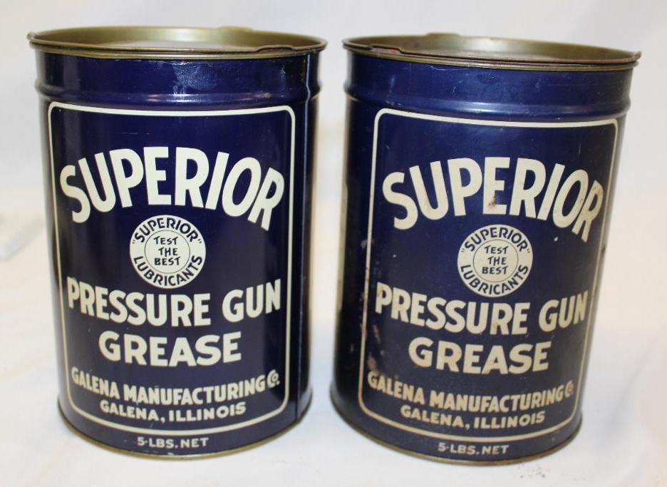 Group of 2 Galena Superior 5lb Grease Cans: 7.5" x 5.75" each, 1 is in excellent condition with only minor wear, the other has some rust spots and staining